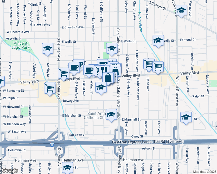 map of restaurants, bars, coffee shops, grocery stores, and more near 1635 South San Gabriel Boulevard in San Gabriel