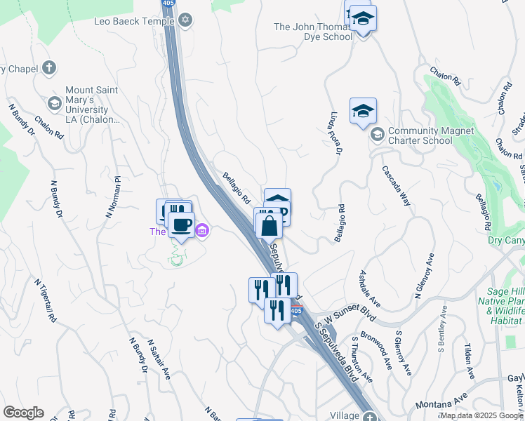 map of restaurants, bars, coffee shops, grocery stores, and more near 11720 Bellagio Road in Los Angeles