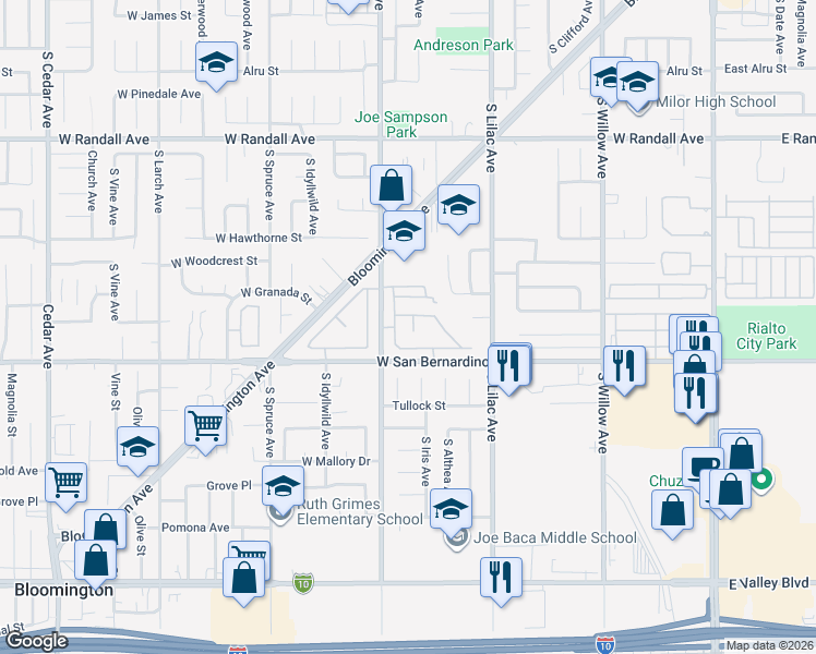 map of restaurants, bars, coffee shops, grocery stores, and more near 1250 South Iris Avenue in Rialto