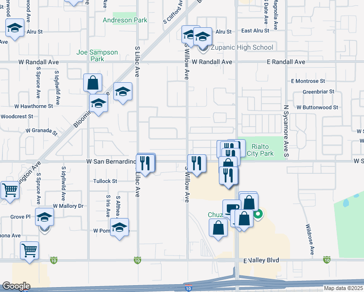 map of restaurants, bars, coffee shops, grocery stores, and more near 314 West Manzanita Street in Rialto