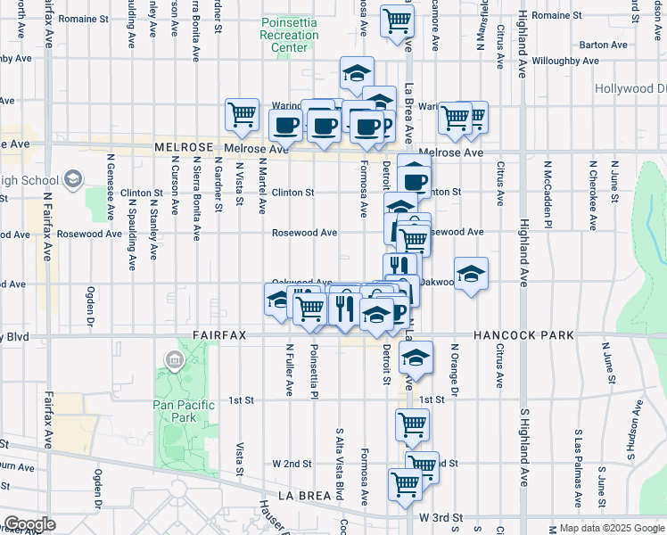 map of restaurants, bars, coffee shops, grocery stores, and more near 417 North Alta Vista Boulevard in Los Angeles