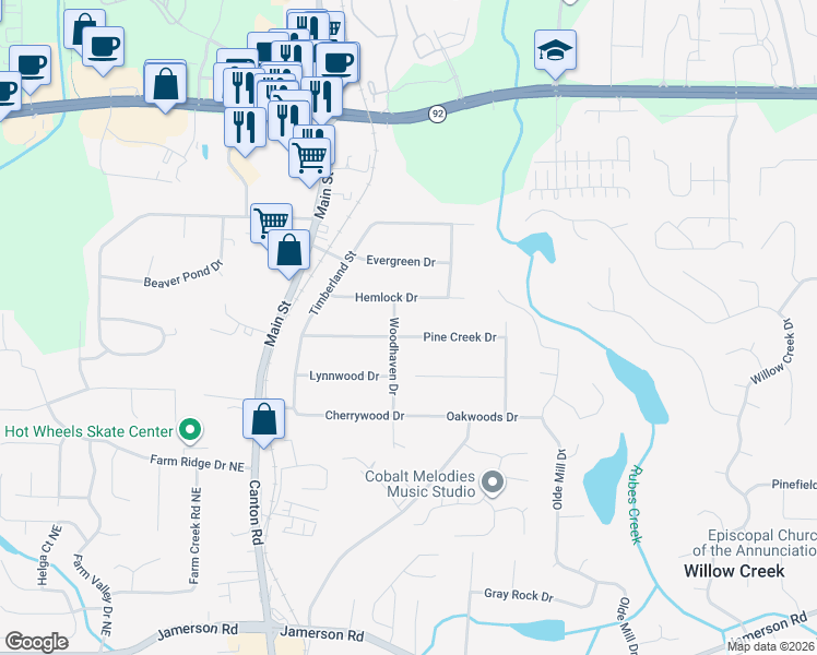 map of restaurants, bars, coffee shops, grocery stores, and more near 420 Creek Valley Drive in Woodstock