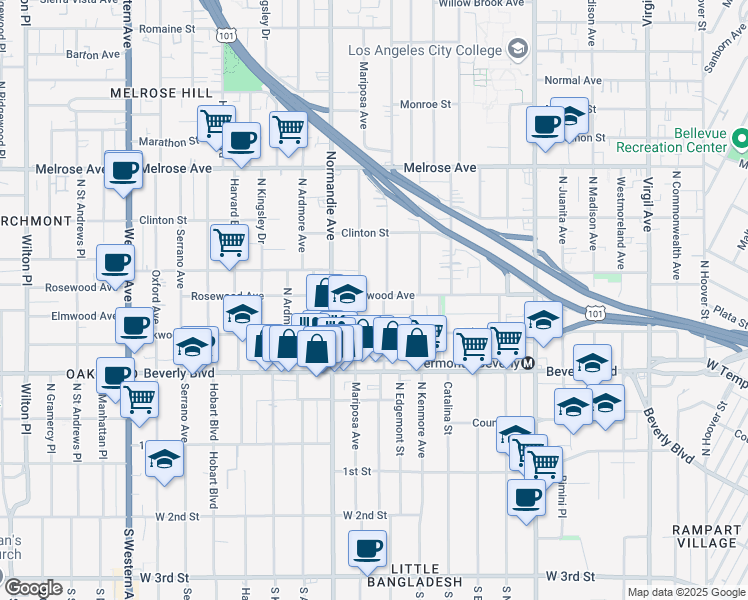 map of restaurants, bars, coffee shops, grocery stores, and more near 4304 Rosewood Avenue in Los Angeles