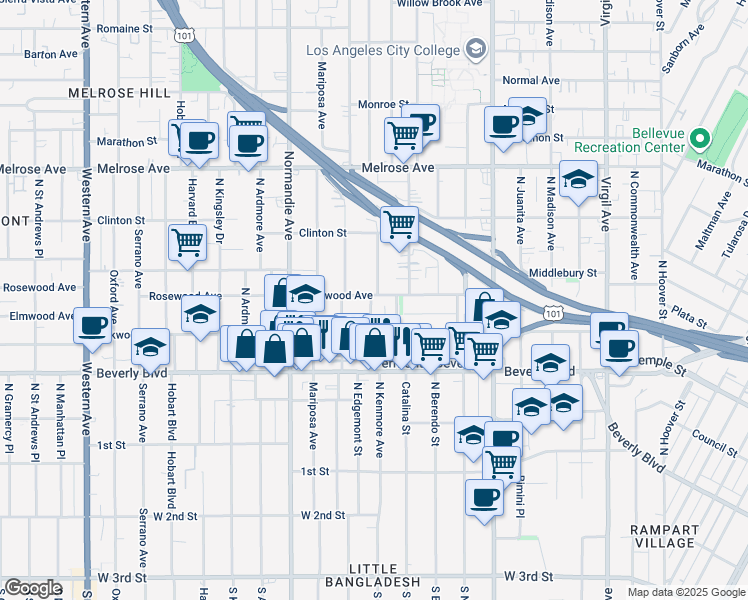 map of restaurants, bars, coffee shops, grocery stores, and more near 4205 Alexandria Place in Los Angeles