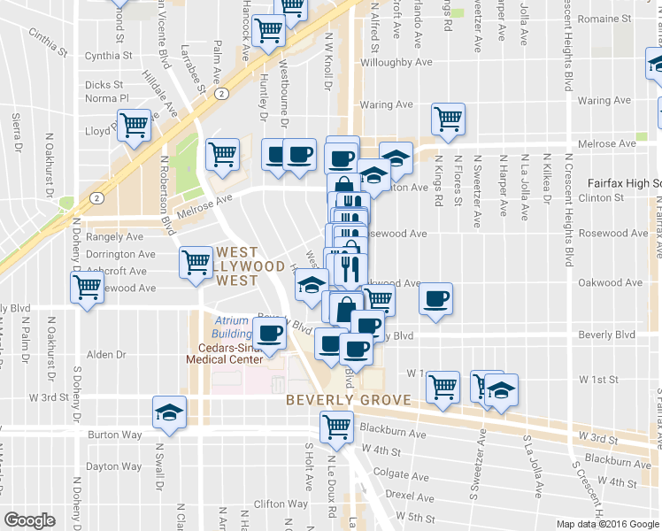 map of restaurants, bars, coffee shops, grocery stores, and more near 421 Westmount Drive in West Hollywood