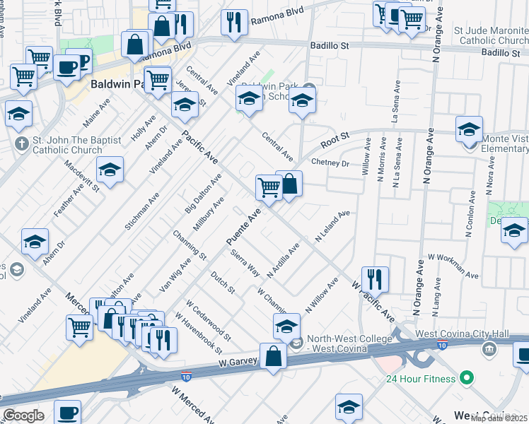 map of restaurants, bars, coffee shops, grocery stores, and more near 3660 Puente Avenue in Baldwin Park