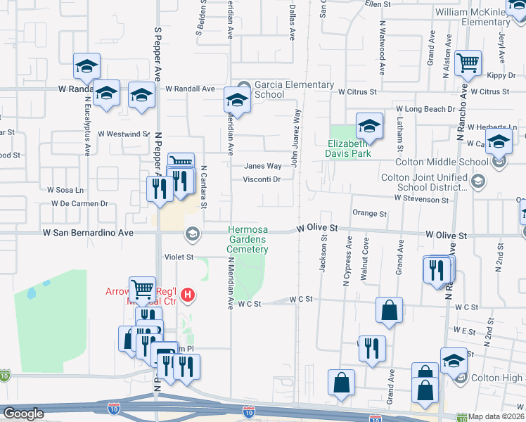 map of restaurants, bars, coffee shops, grocery stores, and more near 1280 Del Giorgio Drive in Colton