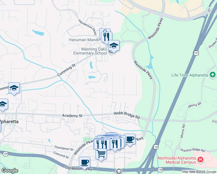 map of restaurants, bars, coffee shops, grocery stores, and more near 2800 Laurelwood Lane in Alpharetta