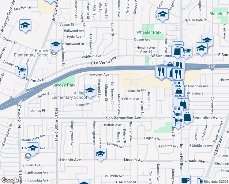 map of restaurants, bars, coffee shops, grocery stores, and more near 1923 San Simeon Street in Pomona