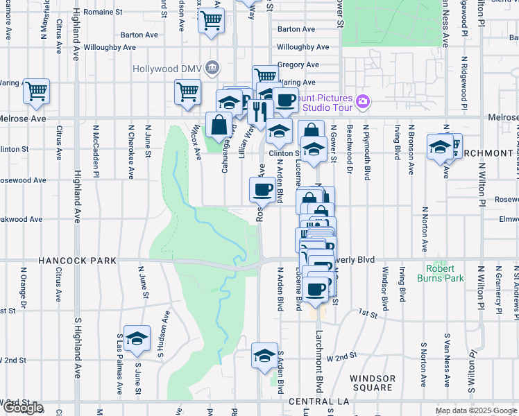 map of restaurants, bars, coffee shops, grocery stores, and more near 445 North Rossmore Avenue in Los Angeles