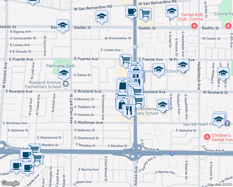 map of restaurants, bars, coffee shops, grocery stores, and more near 1644 East Rowland Avenue in West Covina