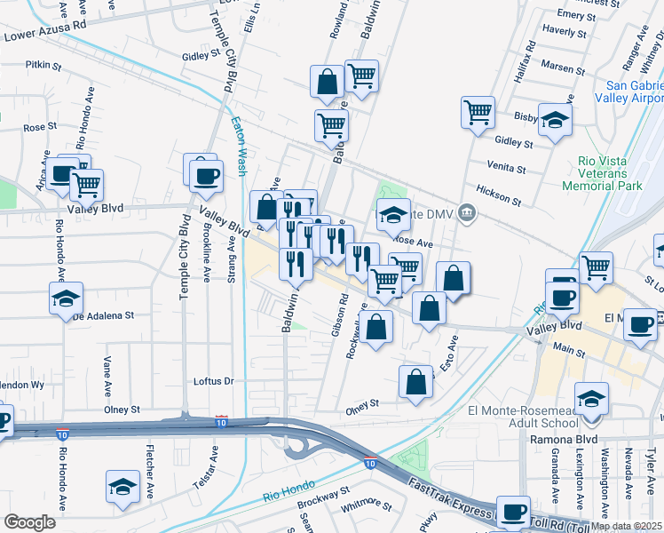 map of restaurants, bars, coffee shops, grocery stores, and more near 10041 Valley Boulevard in El Monte