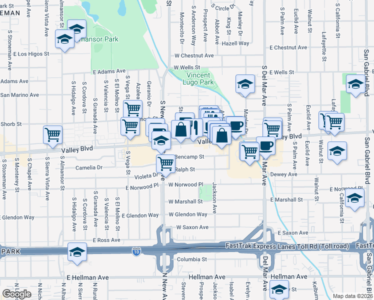 map of restaurants, bars, coffee shops, grocery stores, and more near 398 West Valley Boulevard in San Gabriel