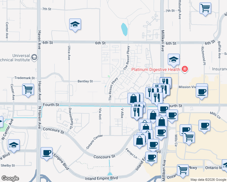 map of restaurants, bars, coffee shops, grocery stores, and more near 9680 Aire Place in Rancho Cucamonga