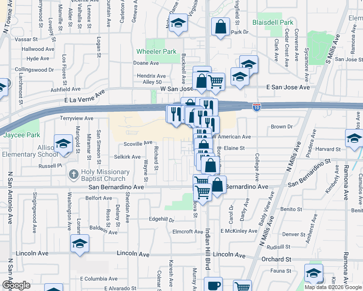 map of restaurants, bars, coffee shops, grocery stores, and more near 1445 Cobblestone Lane in Pomona