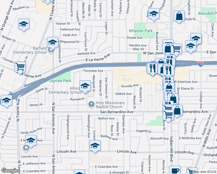 map of restaurants, bars, coffee shops, grocery stores, and more near 1923 San Simeon Street in Pomona
