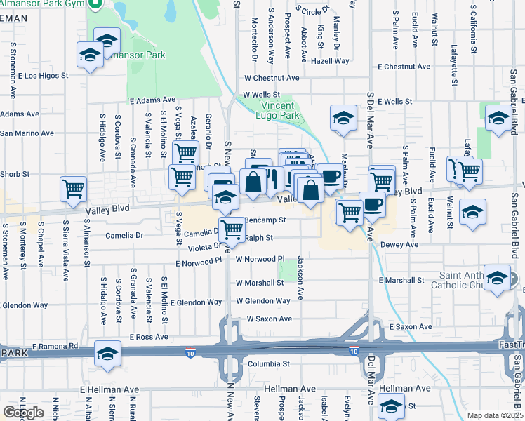 map of restaurants, bars, coffee shops, grocery stores, and more near 405 West Bencamp Street in San Gabriel