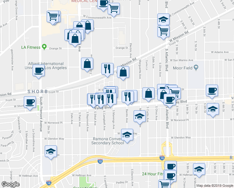 map of restaurants, bars, coffee shops, grocery stores, and more near in Alhambra