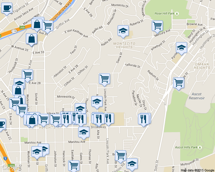 map of restaurants, bars, coffee shops, grocery stores, and more near 2745 Lincoln Park Avenue in Los Angeles