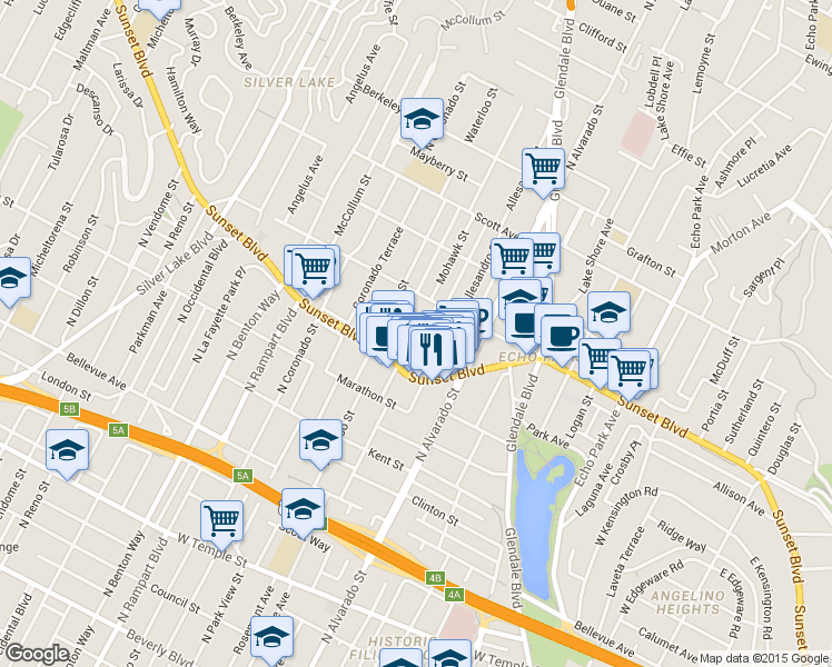 map of restaurants, bars, coffee shops, grocery stores, and more near 2237 Sunset Boulevard in Los Angeles