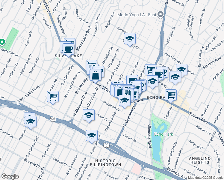 map of restaurants, bars, coffee shops, grocery stores, and more near 1045 Waterloo Street in Los Angeles