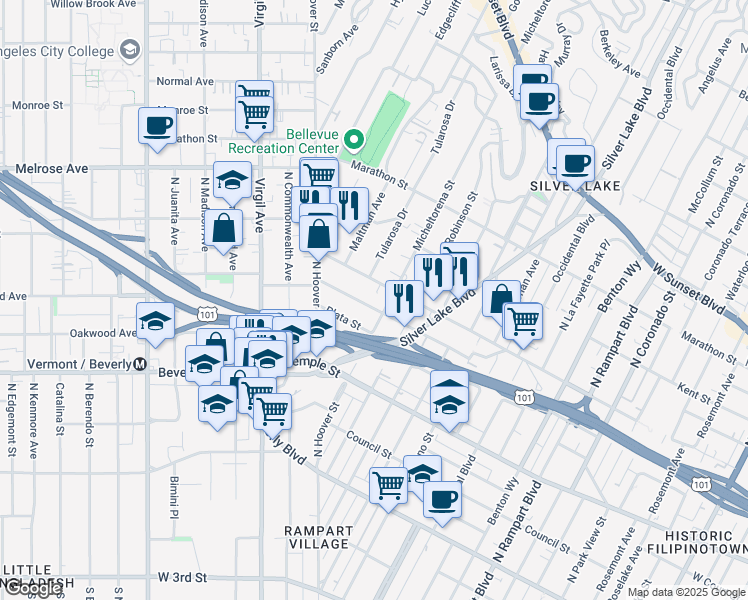 map of restaurants, bars, coffee shops, grocery stores, and more near 3422 London Street in Los Angeles
