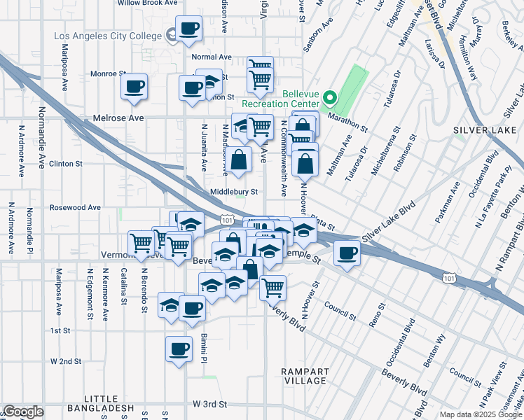 map of restaurants, bars, coffee shops, grocery stores, and more near 428 North Virgil Avenue in Los Angeles