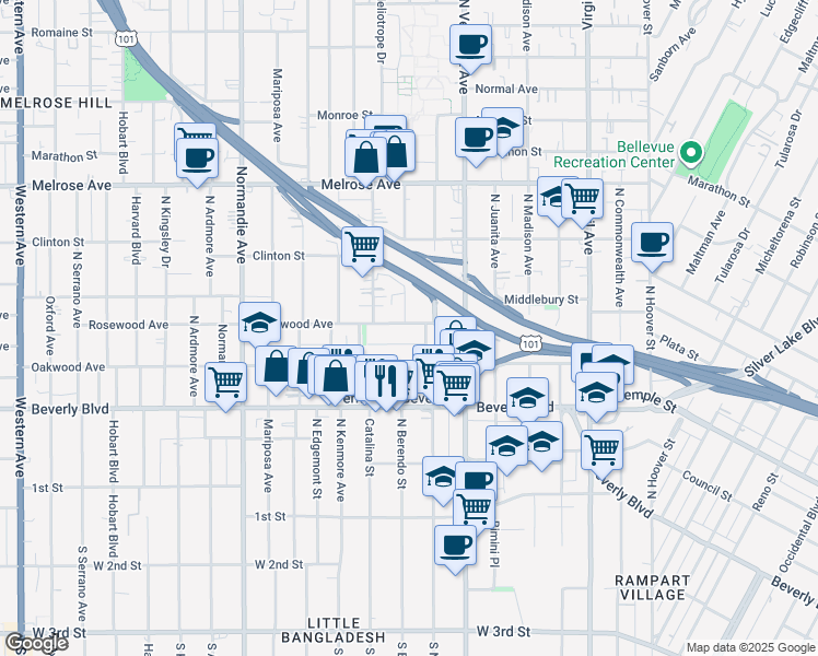 map of restaurants, bars, coffee shops, grocery stores, and more near 4126 Rosewood Avenue in Los Angeles