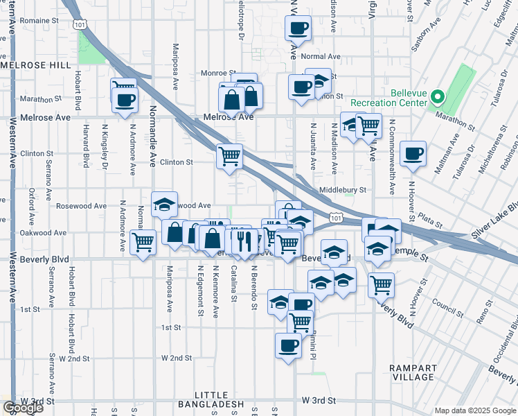 map of restaurants, bars, coffee shops, grocery stores, and more near 4126 Rosewood Avenue in Los Angeles
