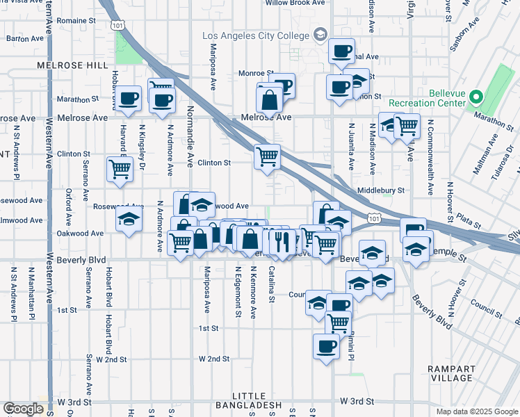 map of restaurants, bars, coffee shops, grocery stores, and more near 429 North Heliotrope Drive in Los Angeles