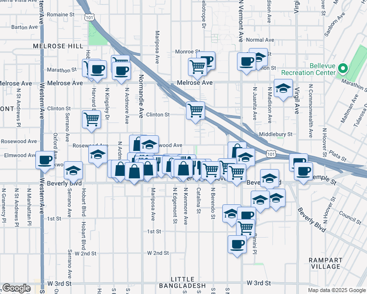 map of restaurants, bars, coffee shops, grocery stores, and more near 4205 Alexandria Place in Los Angeles