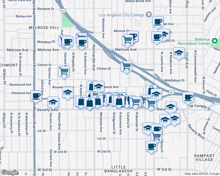 map of restaurants, bars, coffee shops, grocery stores, and more near 4205 Alexandria Place in Los Angeles