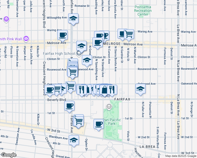 map of restaurants, bars, coffee shops, grocery stores, and more near 411 North Spaulding Avenue in Los Angeles