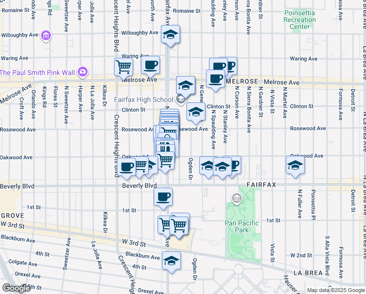 map of restaurants, bars, coffee shops, grocery stores, and more near 415 North Orange Grove Avenue in Los Angeles
