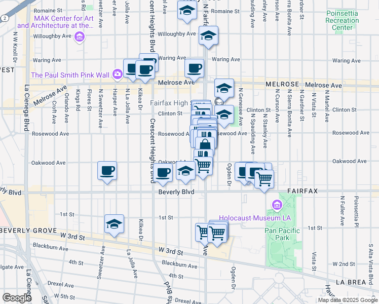 map of restaurants, bars, coffee shops, grocery stores, and more near 410 North Edinburgh Avenue in Los Angeles