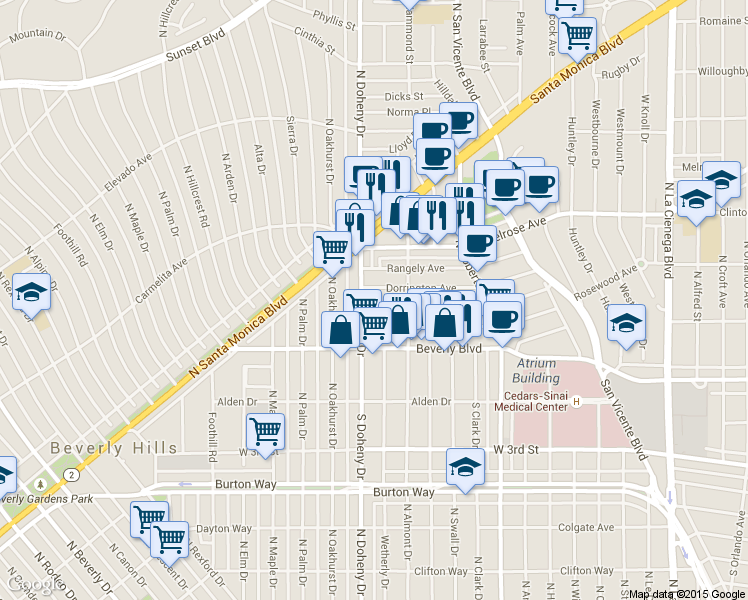 map of restaurants, bars, coffee shops, grocery stores, and more near 9034 Ashcroft Avenue in West Hollywood