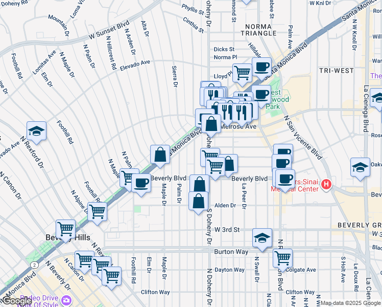 map of restaurants, bars, coffee shops, grocery stores, and more near 450 North Palm Drive in Beverly Hills