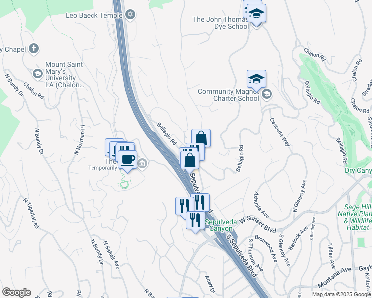 map of restaurants, bars, coffee shops, grocery stores, and more near 11720 Bellagio Road in Los Angeles