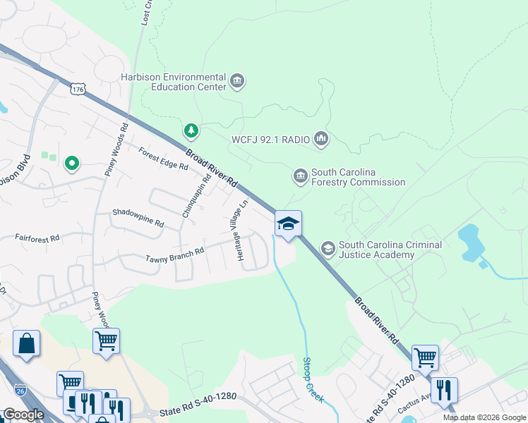 map of restaurants, bars, coffee shops, grocery stores, and more near 131 Thorn Tree Lane in Columbia