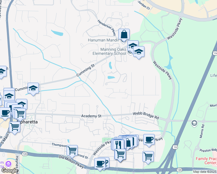 map of restaurants, bars, coffee shops, grocery stores, and more near 475 Brown Thrasher Court in Alpharetta
