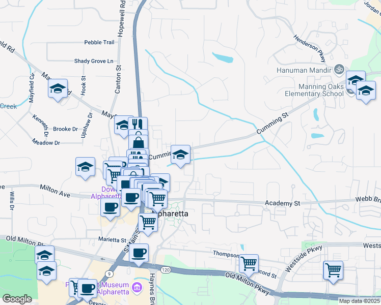 map of restaurants, bars, coffee shops, grocery stores, and more near 123 Cricket Lane in Alpharetta