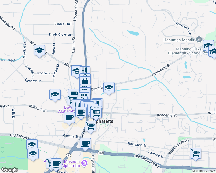 map of restaurants, bars, coffee shops, grocery stores, and more near 105 Cumming Street in Alpharetta