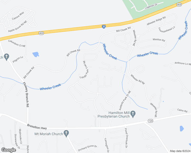 map of restaurants, bars, coffee shops, grocery stores, and more near 1762 Country Wood Drive in Hoschton