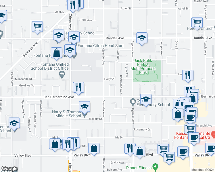 map of restaurants, bars, coffee shops, grocery stores, and more near 9628 Madrona Drive in Fontana