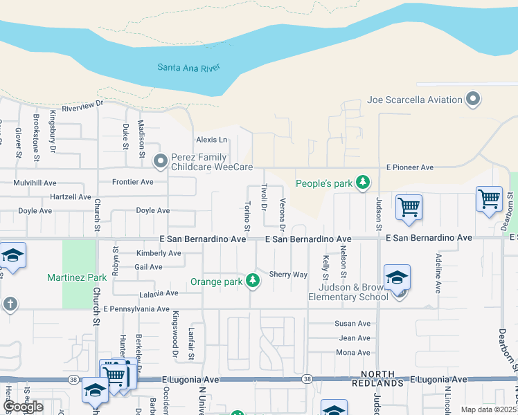 map of restaurants, bars, coffee shops, grocery stores, and more near 1679 Tivoli Drive in Redlands