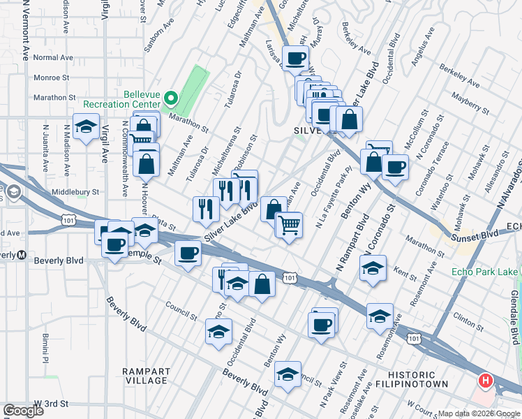 map of restaurants, bars, coffee shops, grocery stores, and more near 639 North Vendome Street in Los Angeles