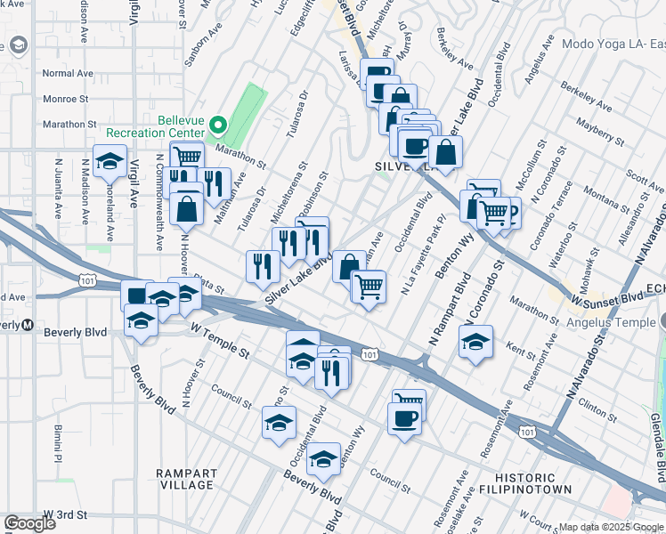map of restaurants, bars, coffee shops, grocery stores, and more near 639 North Vendome Street in Los Angeles