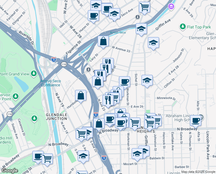 map of restaurants, bars, coffee shops, grocery stores, and more near 212 North Avenue 25 in Los Angeles