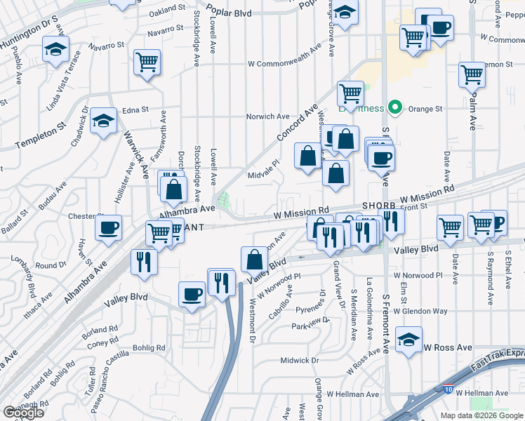 map of restaurants, bars, coffee shops, grocery stores, and more near 3201 West Mission Road in Alhambra