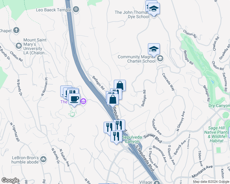 map of restaurants, bars, coffee shops, grocery stores, and more near 833 Moraga Drive in Los Angeles